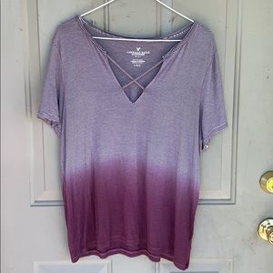 American Eagle Stripe V-Neck Shirt Maroon Large